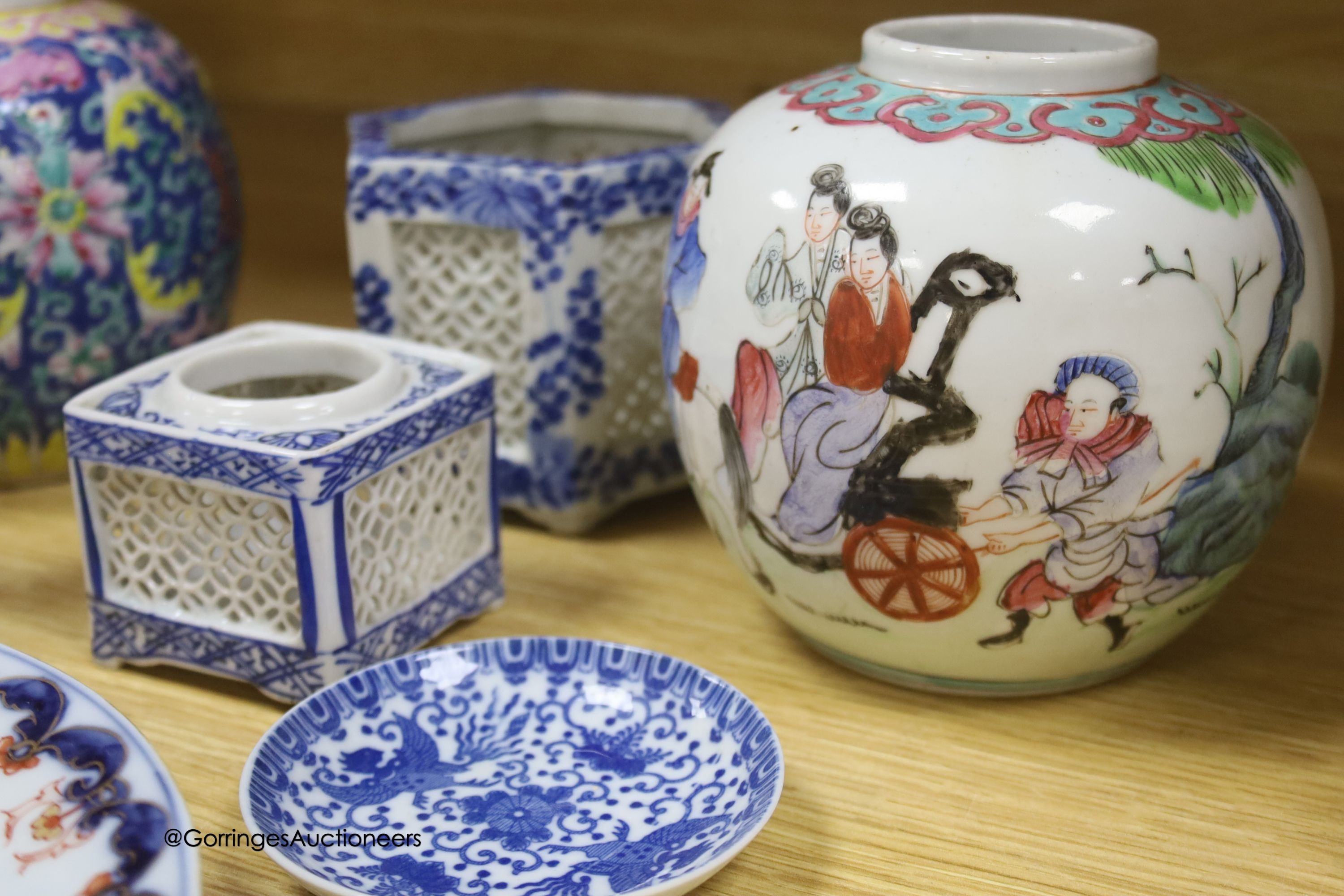 A group of mixed Chinese ceramics including a and 18th century famille rose teapot and four Samson Imari dishes, diameter 23cm